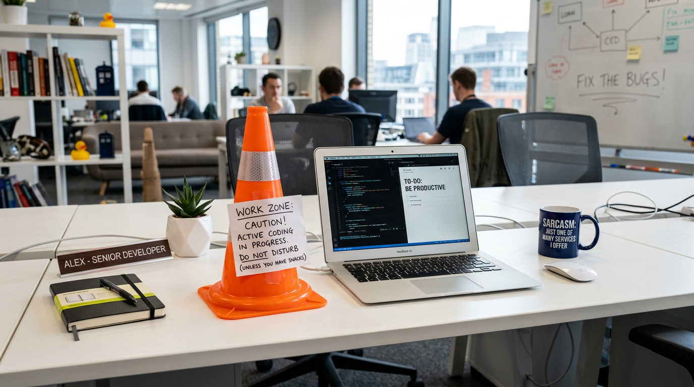 Orange traffic cone beside clean desk