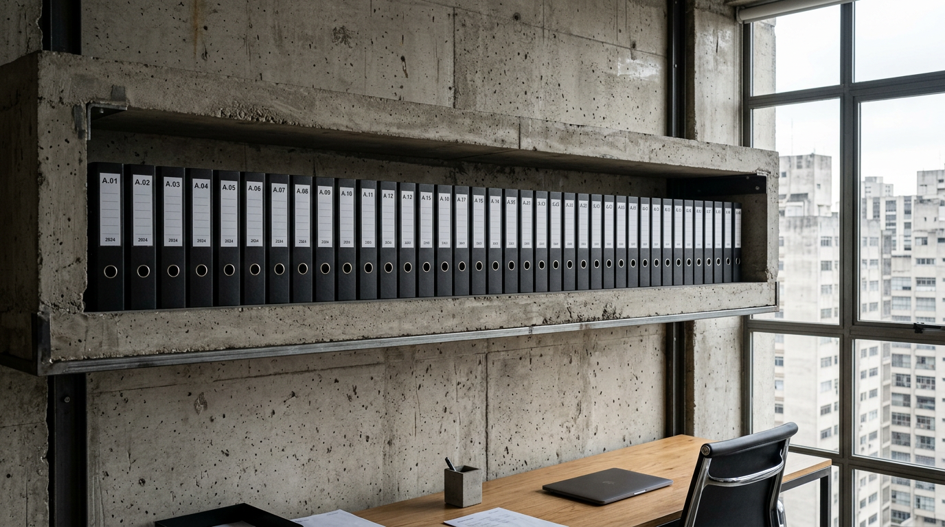 Concrete shelf with black binders